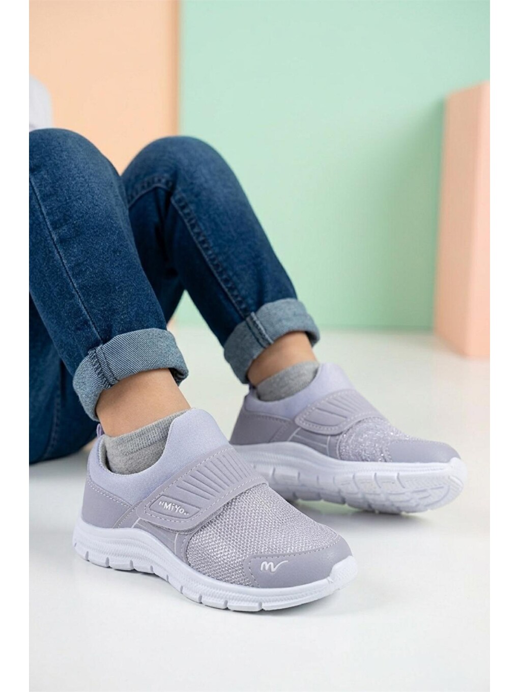 Gri Meysa Unisex Çocuk Fileli Hafif Spor Ayakkabı - Cırt Cırtlı Ortopedik Tabanlı Günlük Yürüyüş Ayakkab-1