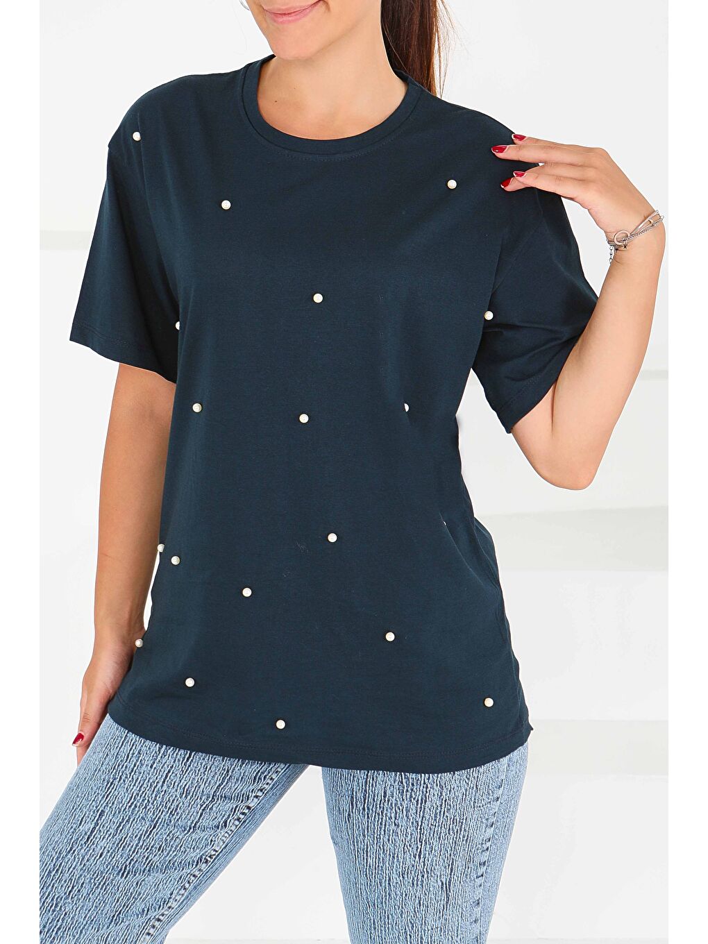 İncili Kısa Kollu T-Şhirt Lacivert - 27544-1