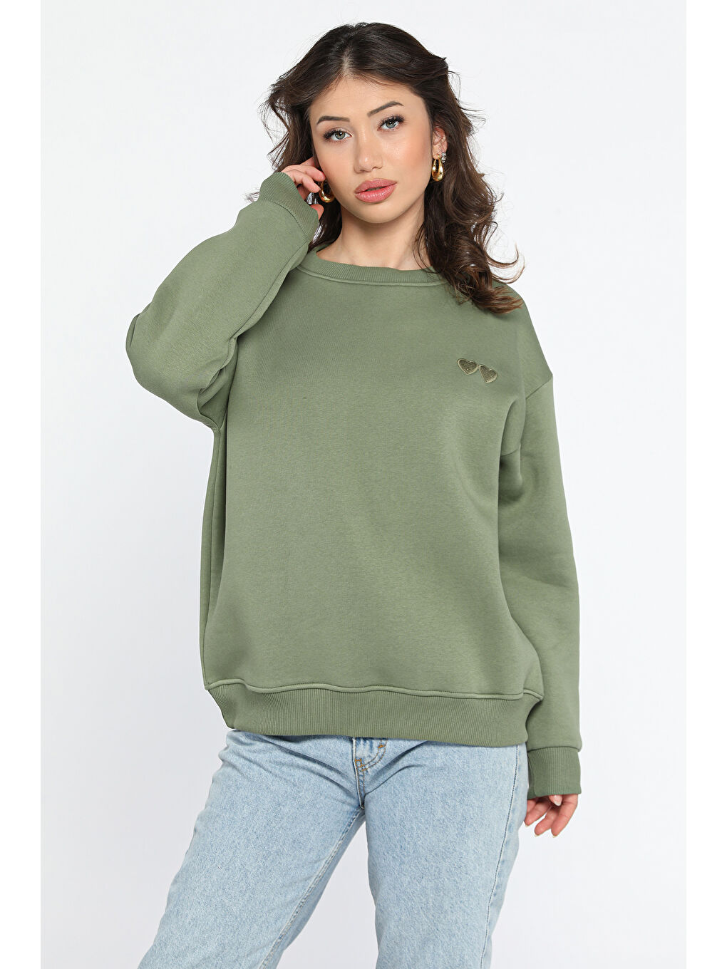 Haki Kalp Nakışlı Üç İplik Şardonlu Kadın Sweatshirt