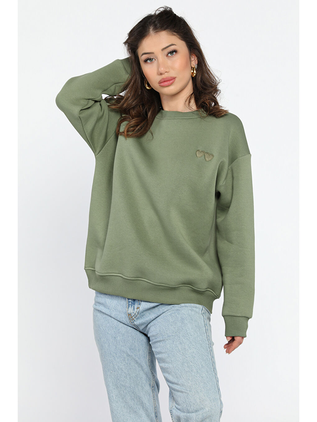 Haki Kalp Nakışlı Üç İplik Şardonlu Kadın Sweatshirt-1