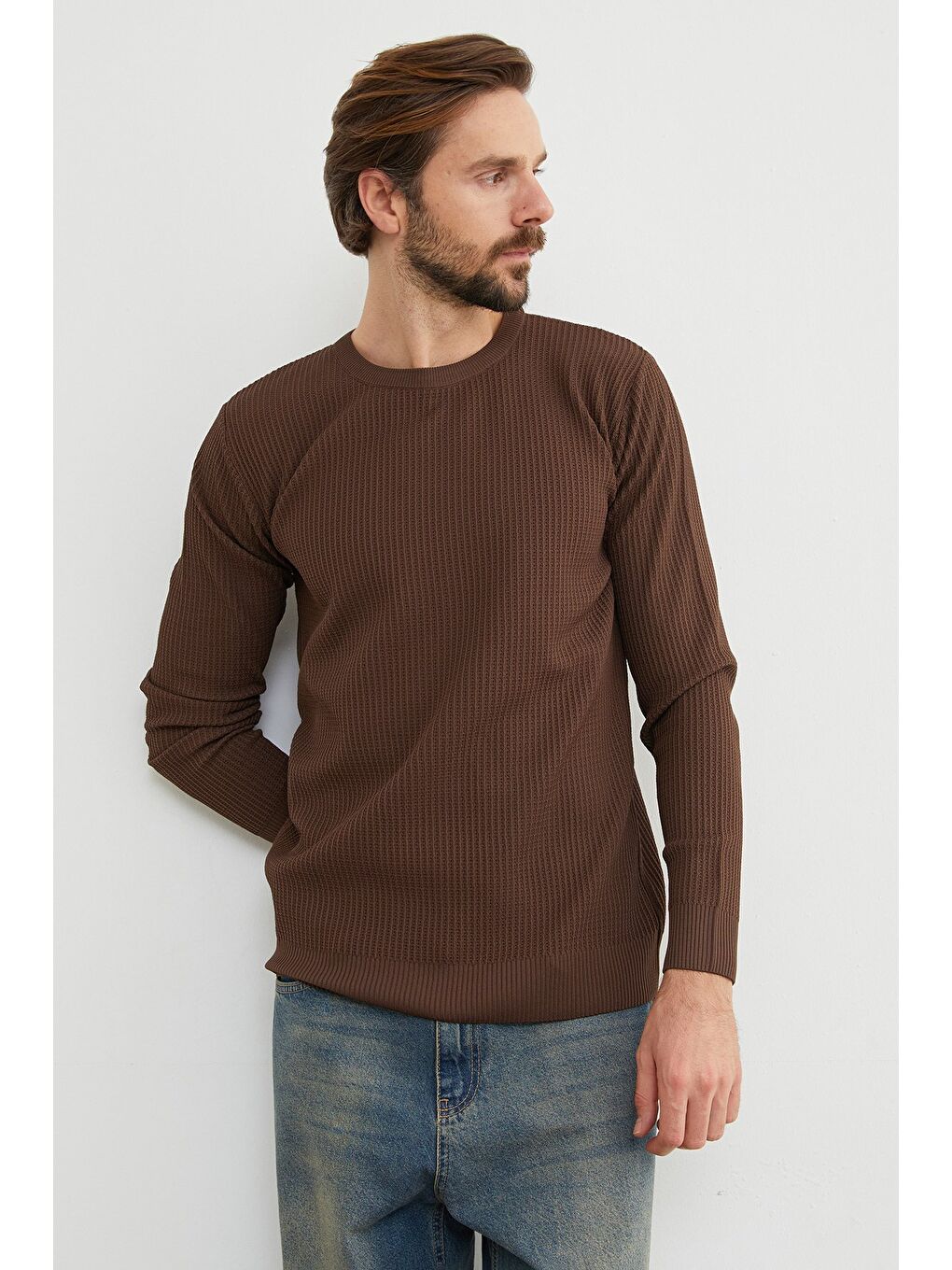 Kahverengi Basic Bisiklet Yaka Örgü Triko Kazak
