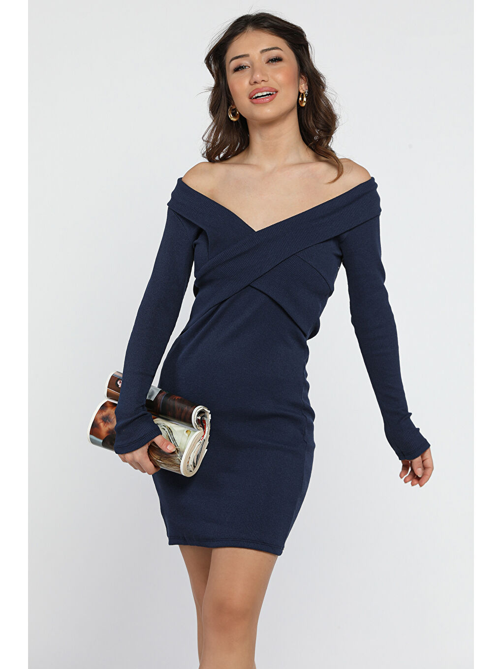Lacivert Kadın Çapraz Yaka Mini Elbise-1