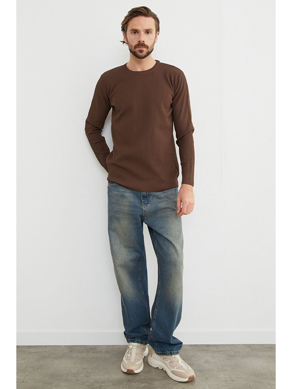 Kahverengi Basic Bisiklet Yaka Örgü Triko Kazak-1