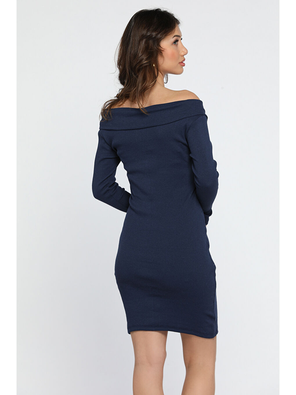 Lacivert Kadın Çapraz Yaka Mini Elbise-2