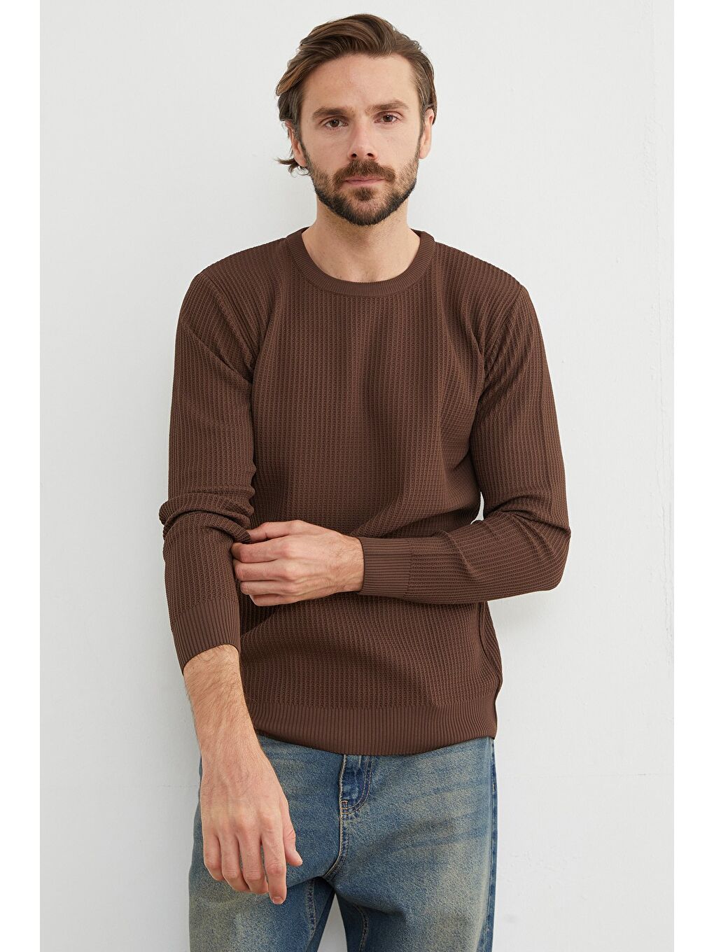 Kahverengi Basic Bisiklet Yaka Örgü Triko Kazak-2