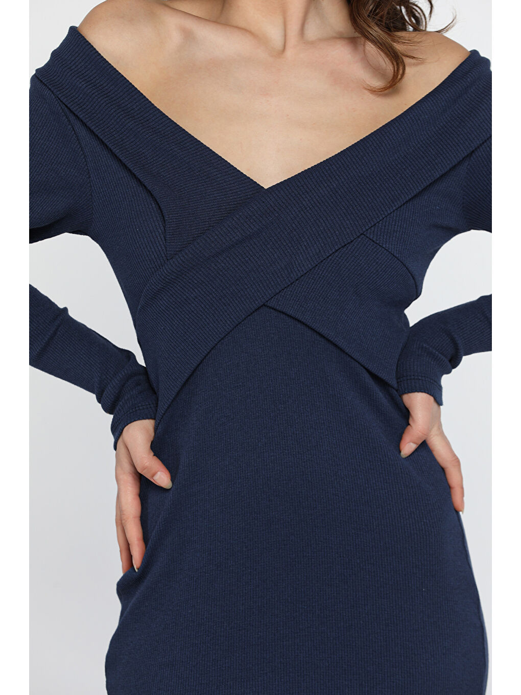 Lacivert Kadın Çapraz Yaka Mini Elbise-3