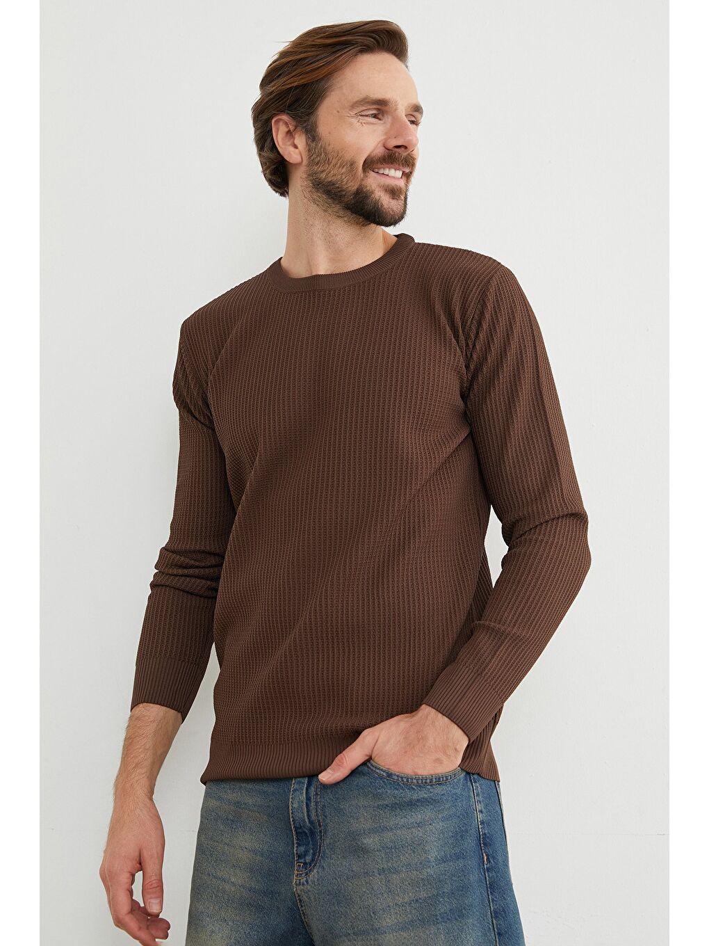 Kahverengi Basic Bisiklet Yaka Örgü Triko Kazak-3