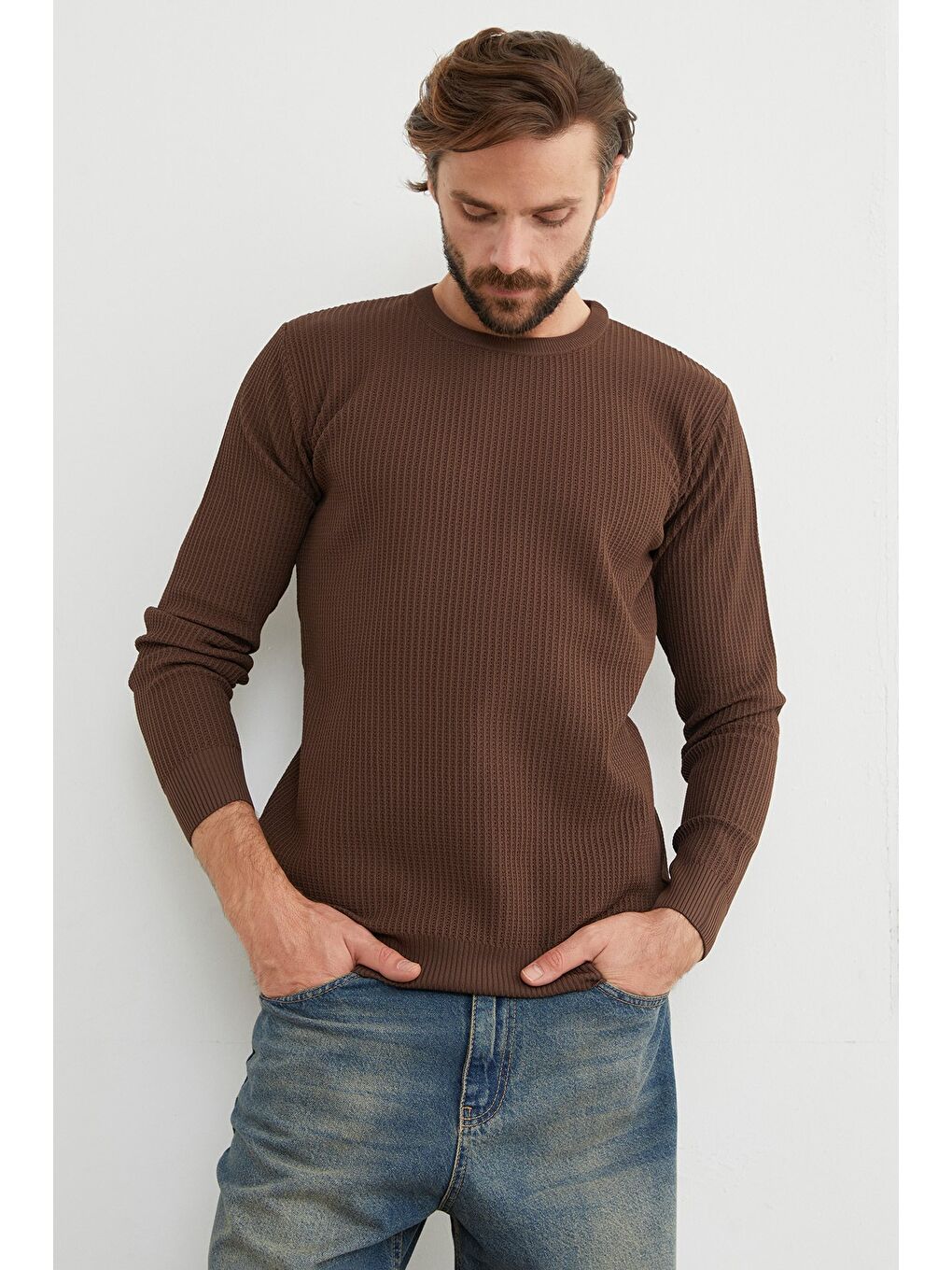 Kahverengi Basic Bisiklet Yaka Örgü Triko Kazak-4