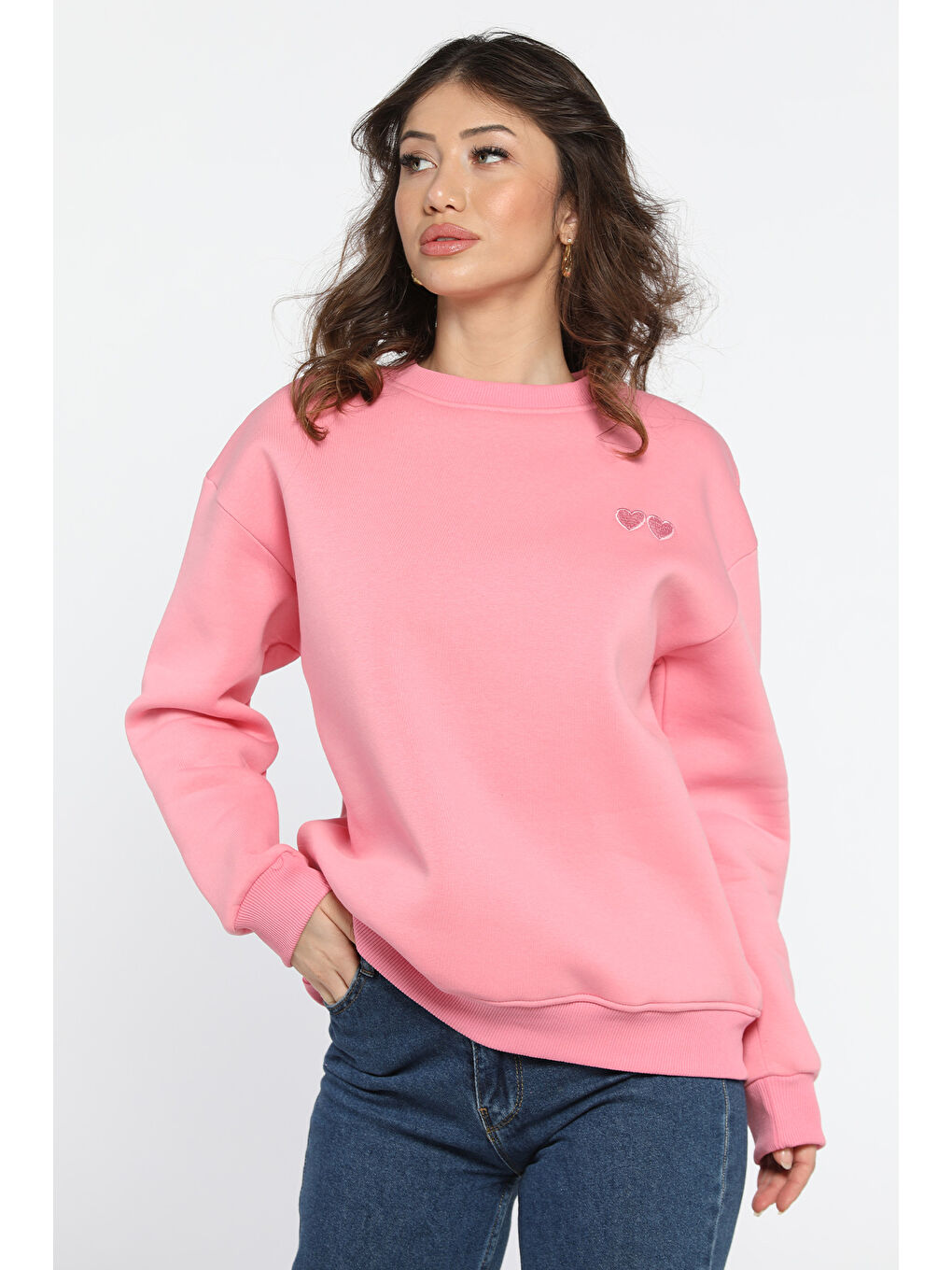 Pembe Kalp Nakışlı Üç İplik Şardonlu Kadın Sweatshirt-1