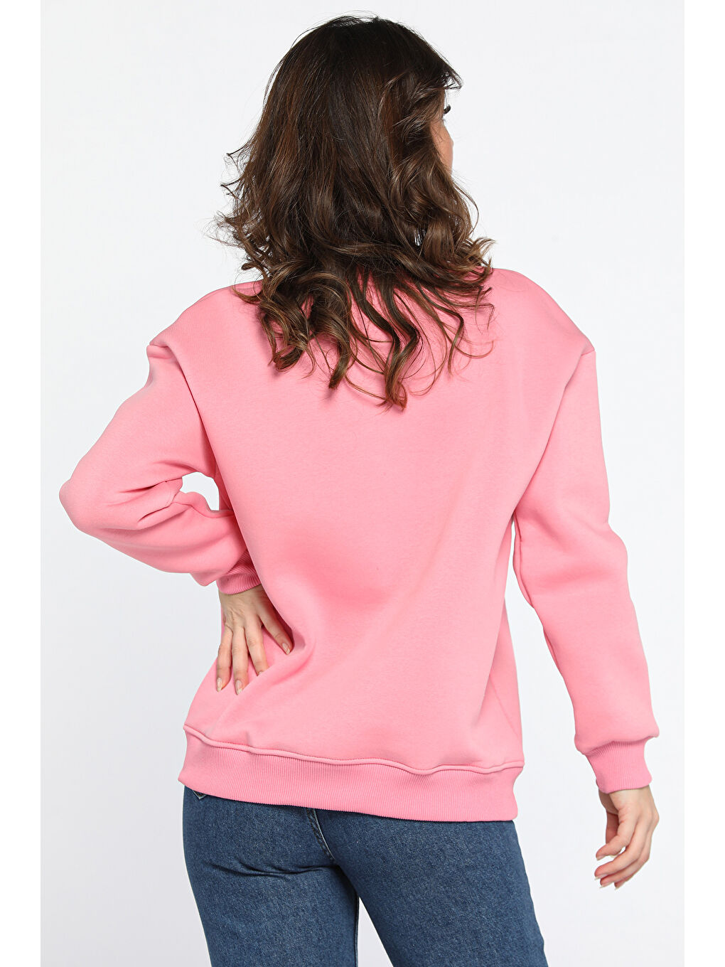Pembe Kalp Nakışlı Üç İplik Şardonlu Kadın Sweatshirt-2
