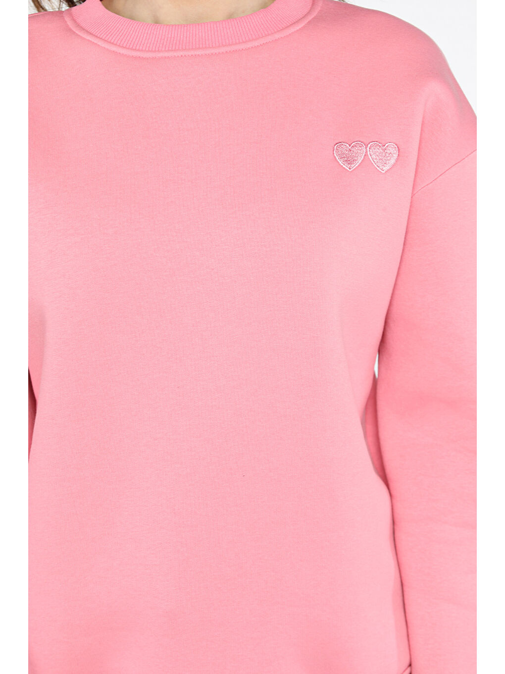 Pembe Kalp Nakışlı Üç İplik Şardonlu Kadın Sweatshirt-3