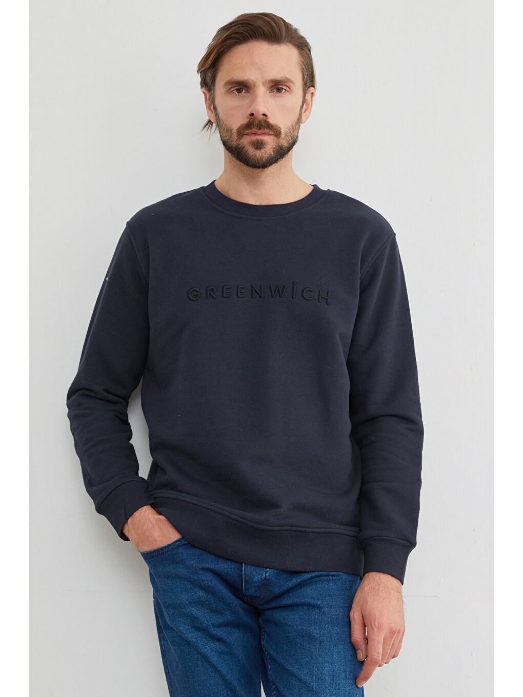 Lacivert Greenwich Yazı Nakışlı Bisiklet Yaka Sweatshirt-1