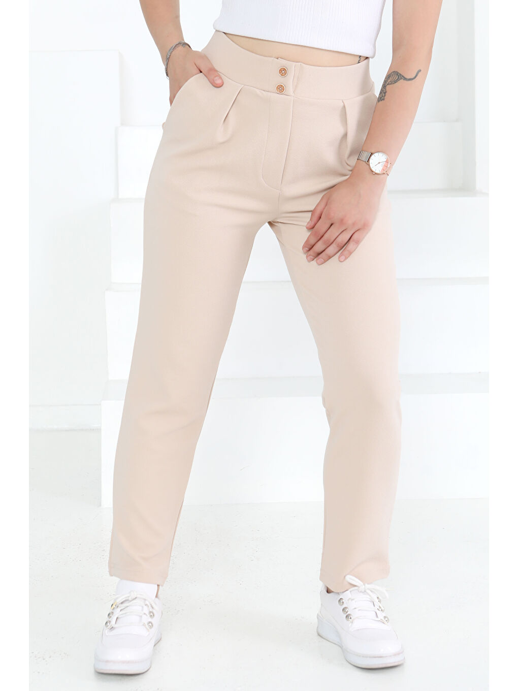 Çift Düğmeli Spor Pantolon Bej - 27352