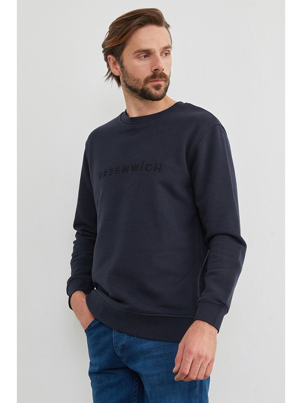 Lacivert Greenwich Yazı Nakışlı Bisiklet Yaka Sweatshirt-3