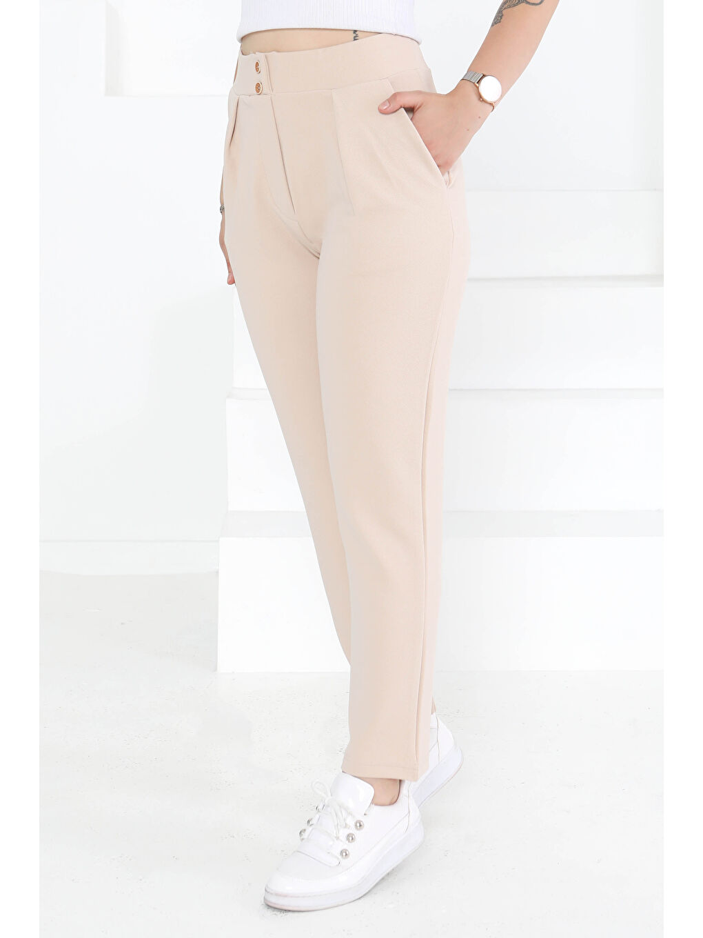 Çift Düğmeli Spor Pantolon Bej - 27352-1