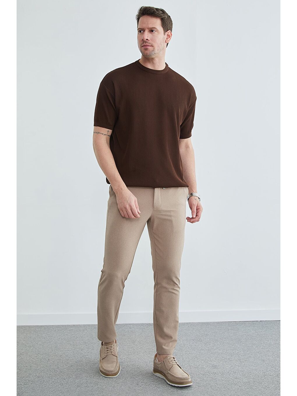 Bej Beli Bağcıklı Dokulu Pantolon-2