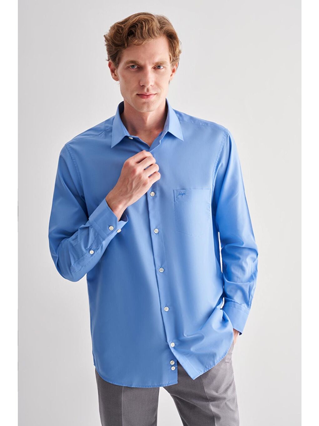 Mavi Saks Sert Yaka Uzun Kol Easy To Iron Comfort Fit Pamuklu Gömlek 1004255182-2