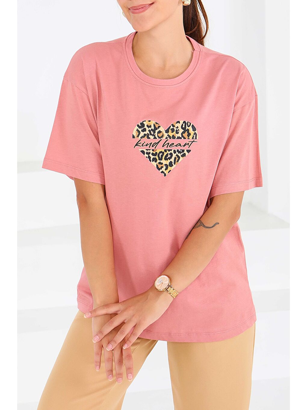 Pembe Baskılı Kısa Kollu T-Şhirt Gül - 27546-1