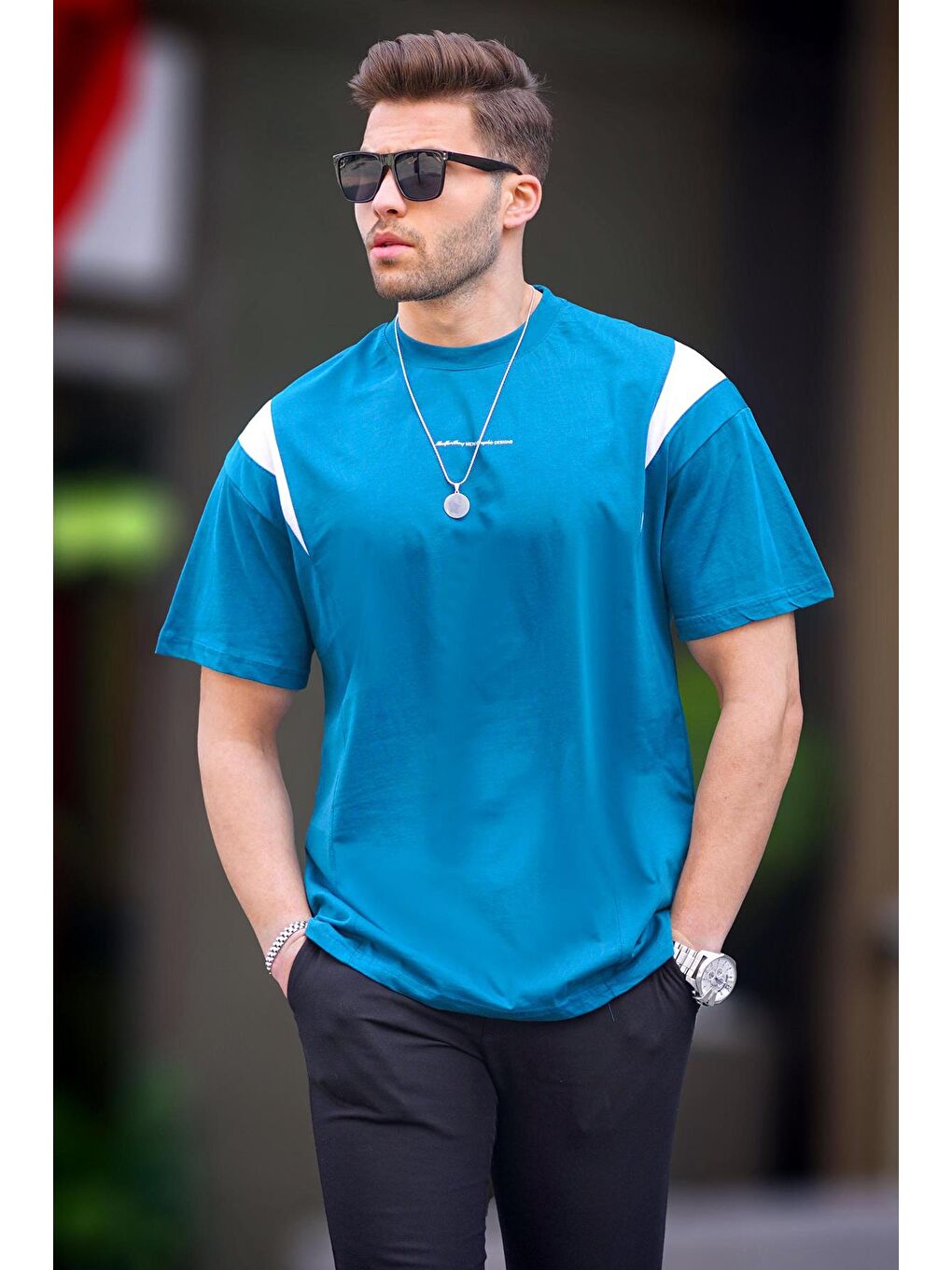 Petrol Mavisi Oversize Bisiklet Yaka %100 Pamuk Tişört 7003