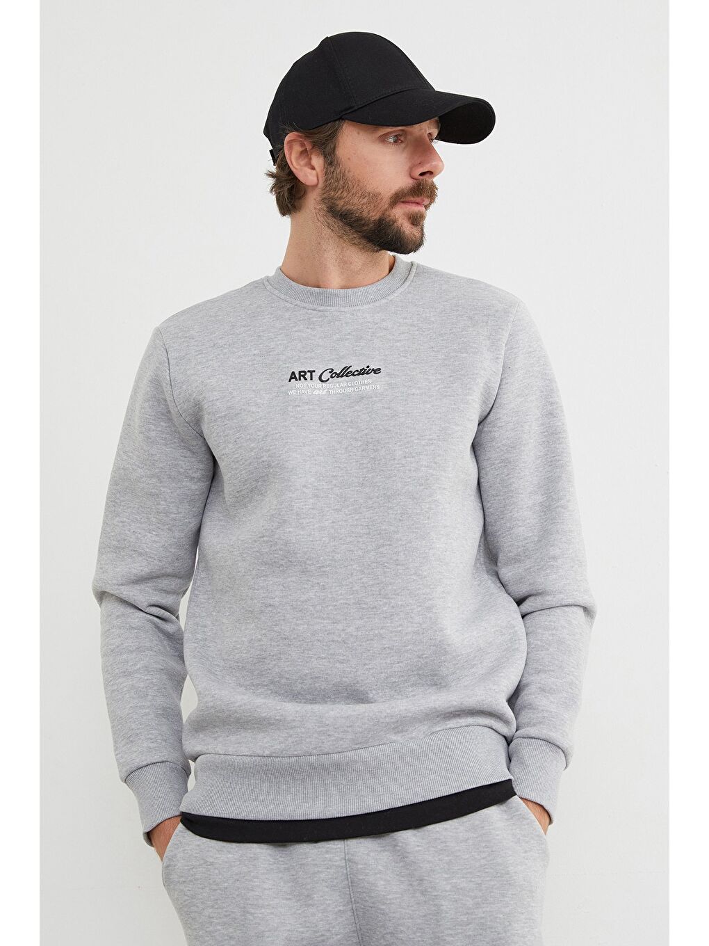 Gri 3 İplik Art Collective Kabartma Baskılı Büyük Beden Sweatshirt