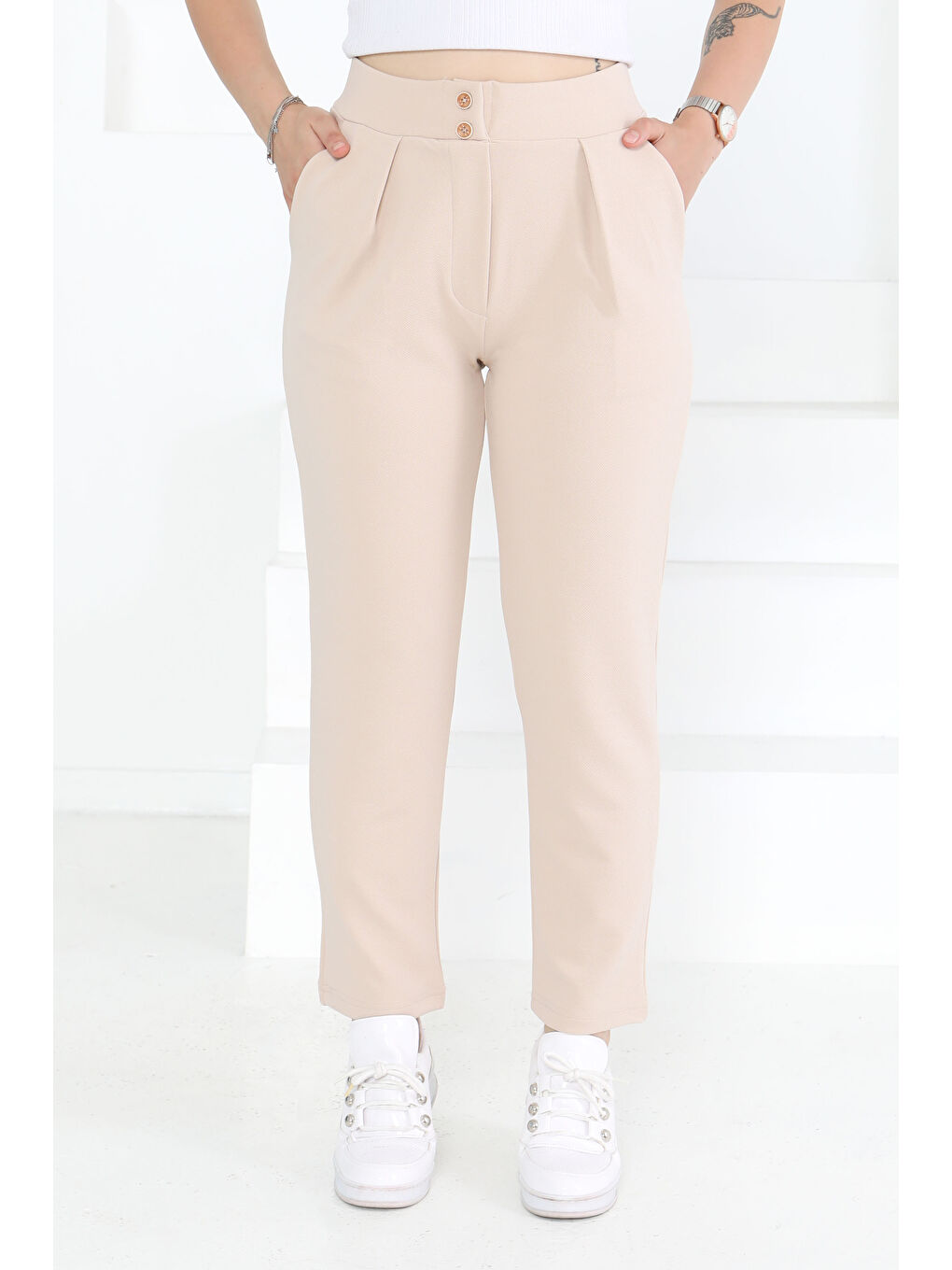Çift Düğmeli Spor Pantolon Bej - 27352-2