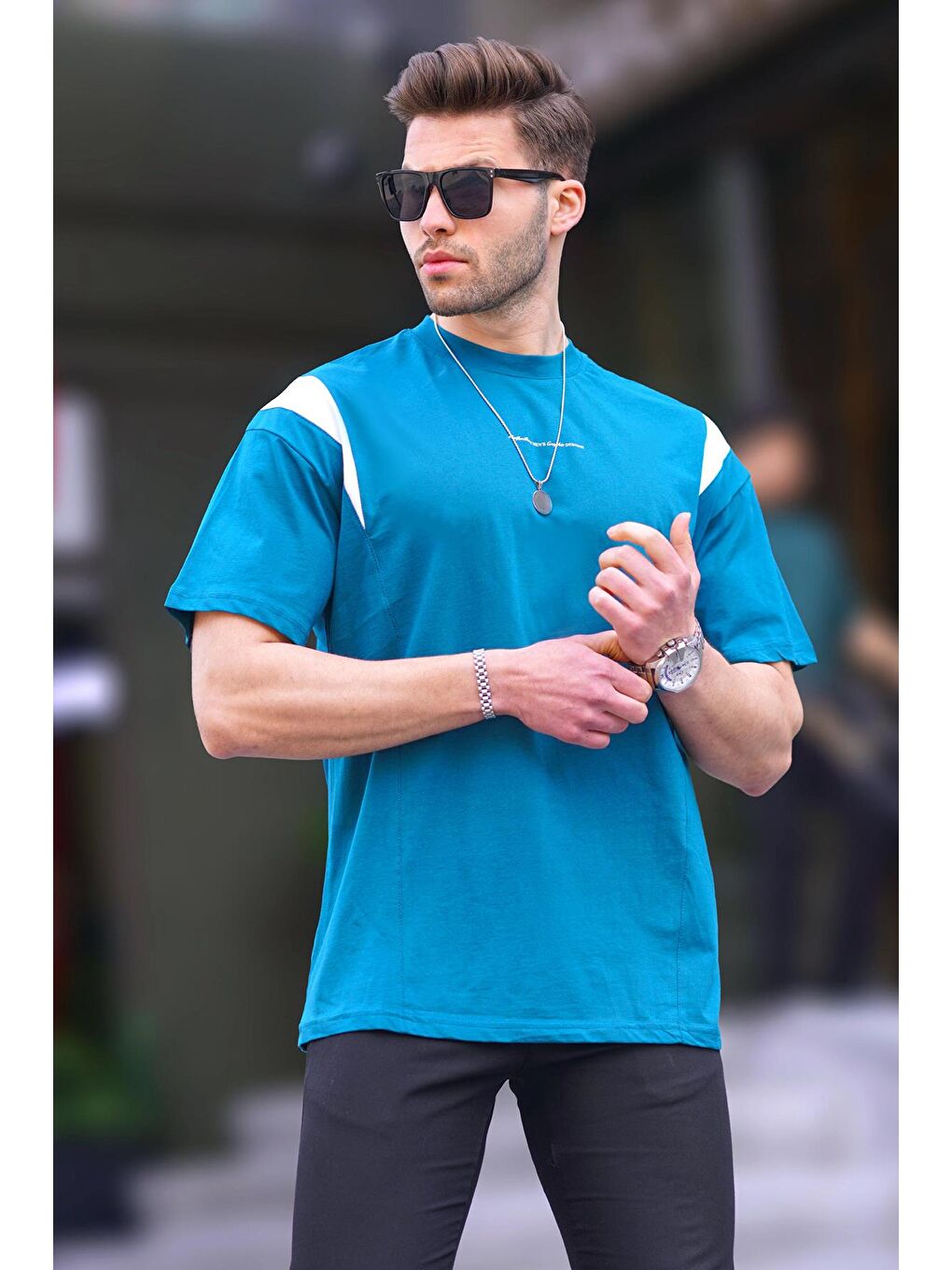 Petrol Mavisi Oversize Bisiklet Yaka %100 Pamuk Tişört 7003-1