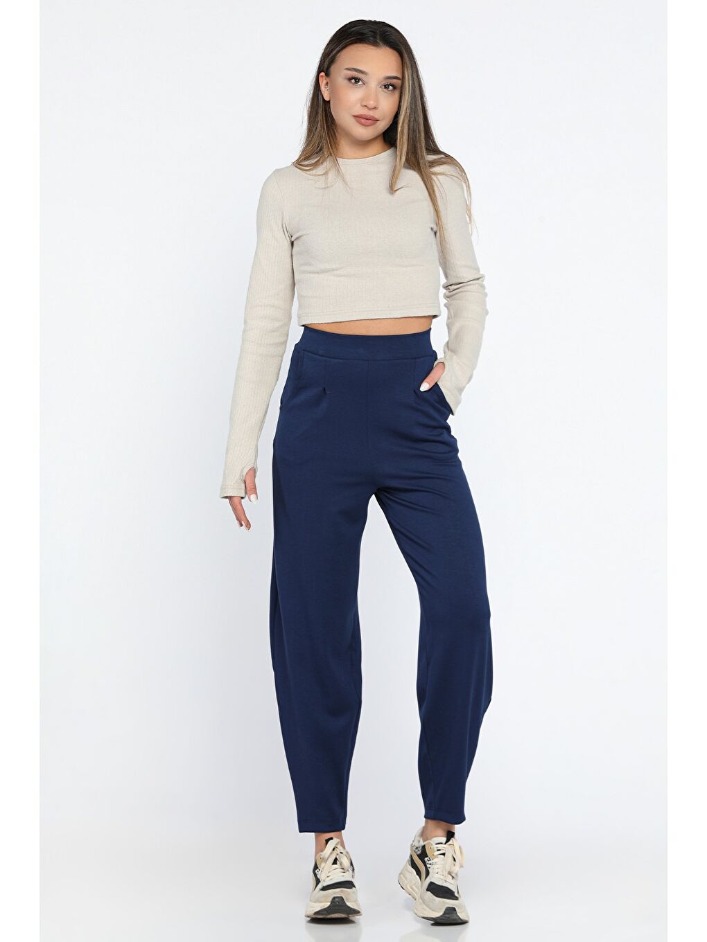 Lacivert Kadın Yüksek Bel Havuç Pantolon-1