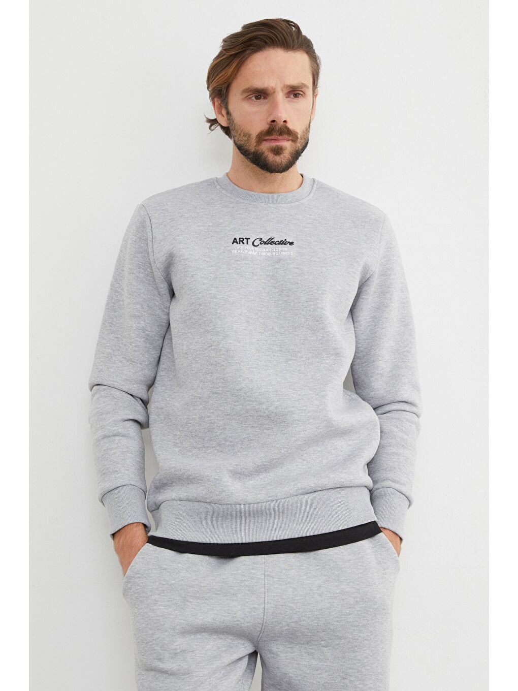 Gri 3 İplik Art Collective Kabartma Baskılı Büyük Beden Sweatshirt-3