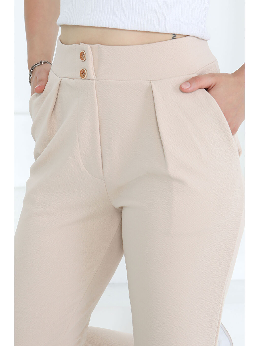 Çift Düğmeli Spor Pantolon Bej - 27352-3