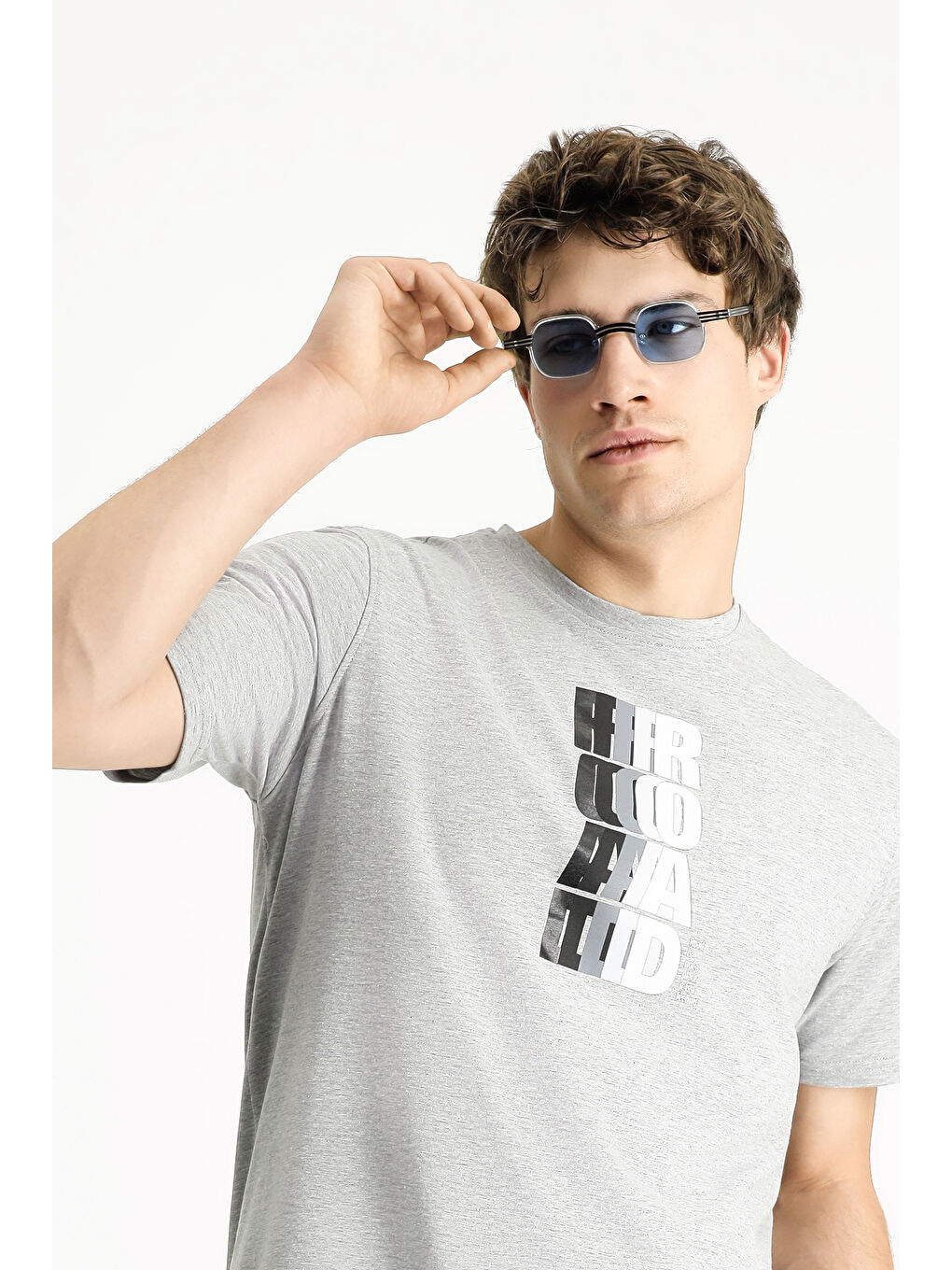 Gri Bisiklet Yaka Regular Fit Baskılı Pamuklu Tişört