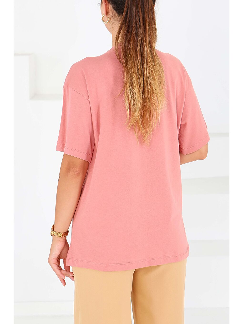 Pembe Baskılı Kısa Kollu T-Şhirt Gül - 27546-3