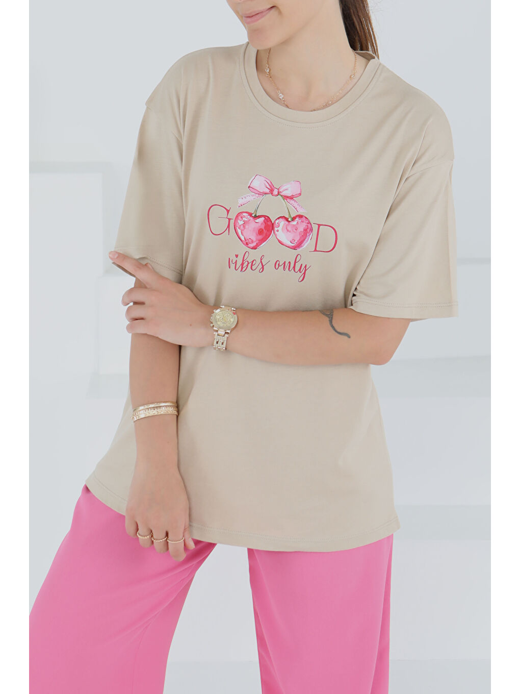 Baskılı Kısa Kollu T-Şhirt Bej - 27500-1