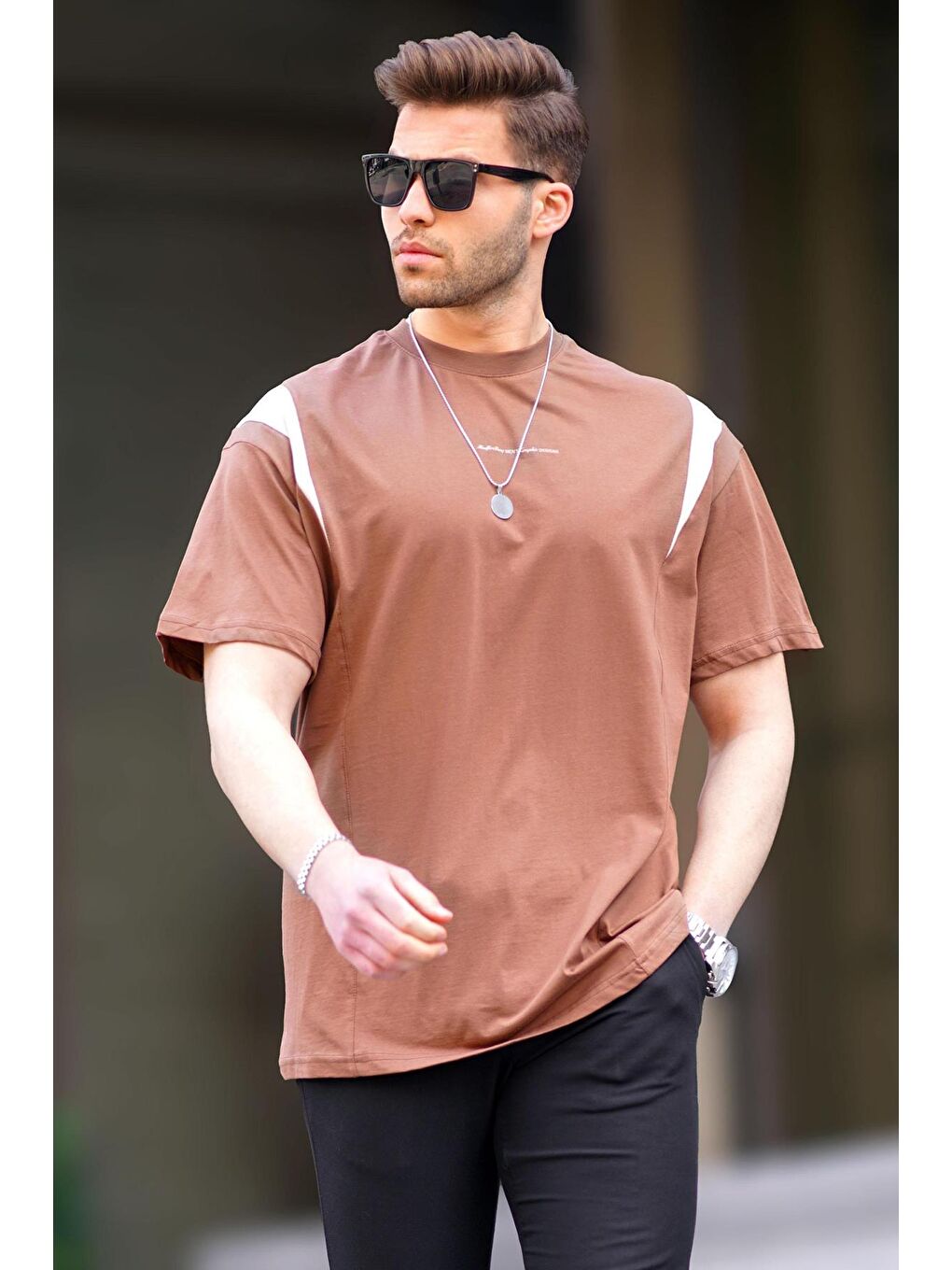 Kahverengi Oversize Bisiklet Yaka %100 Pamuk Tişört 7003-1