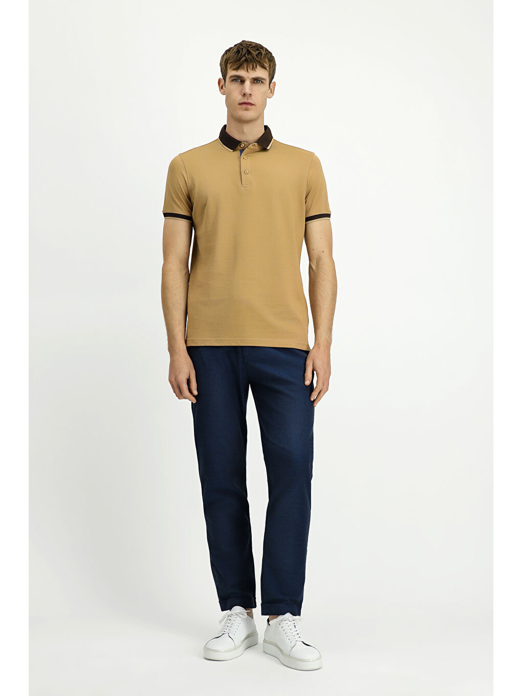 Bej Polo Yaka Regular Fit Desenli Pamuklu Tişört-1