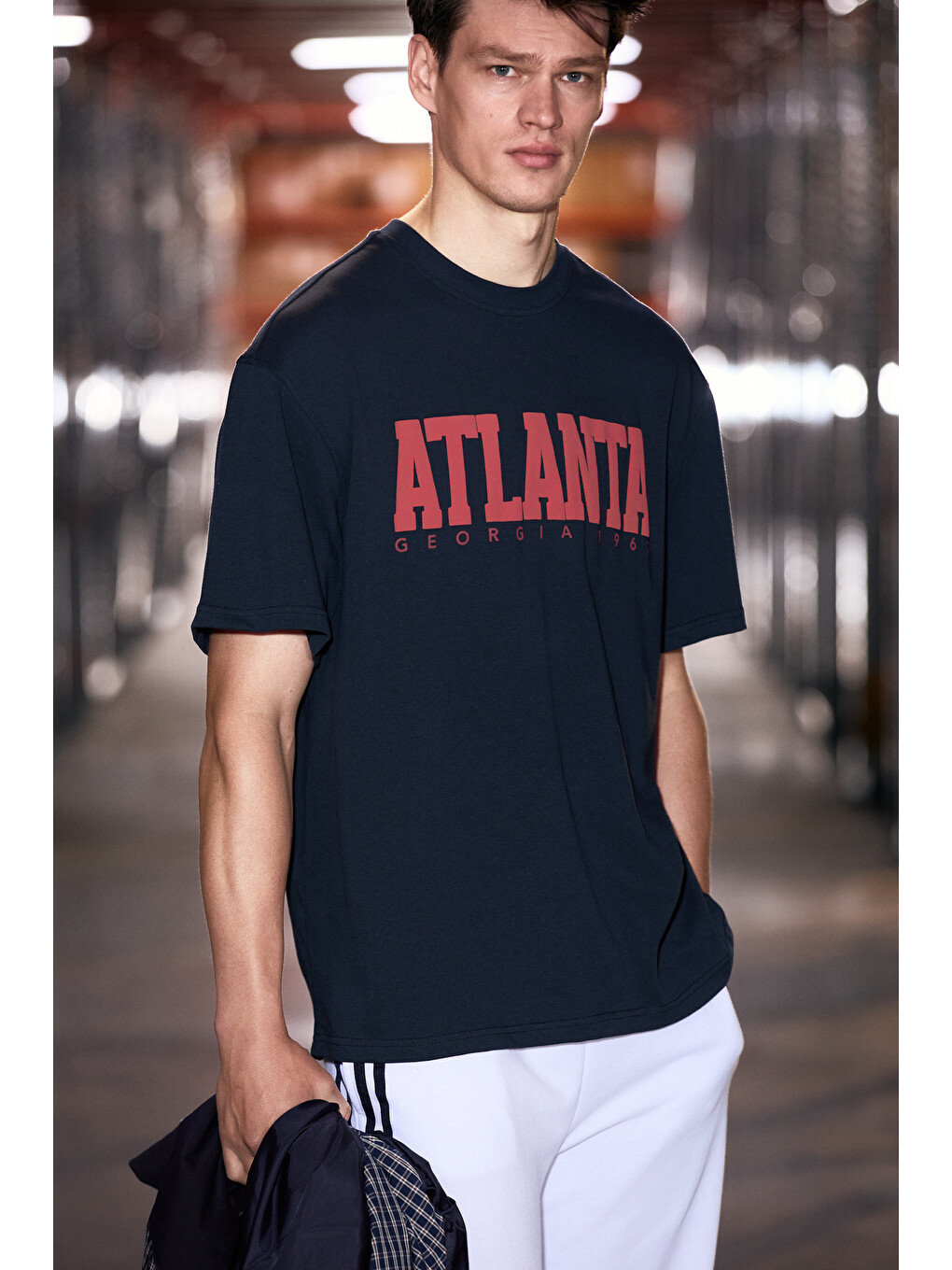 Lacivert ATLANTA Erkek %100 Pamuklu Kısa Kollu Baskı Detaylı LACİVERT T-Shirt-1