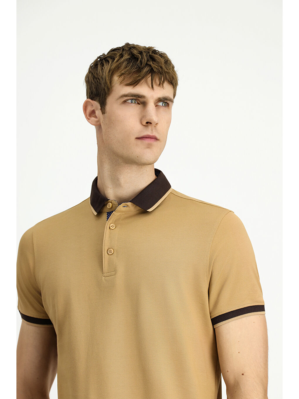 Bej Polo Yaka Regular Fit Desenli Pamuklu Tişört-2