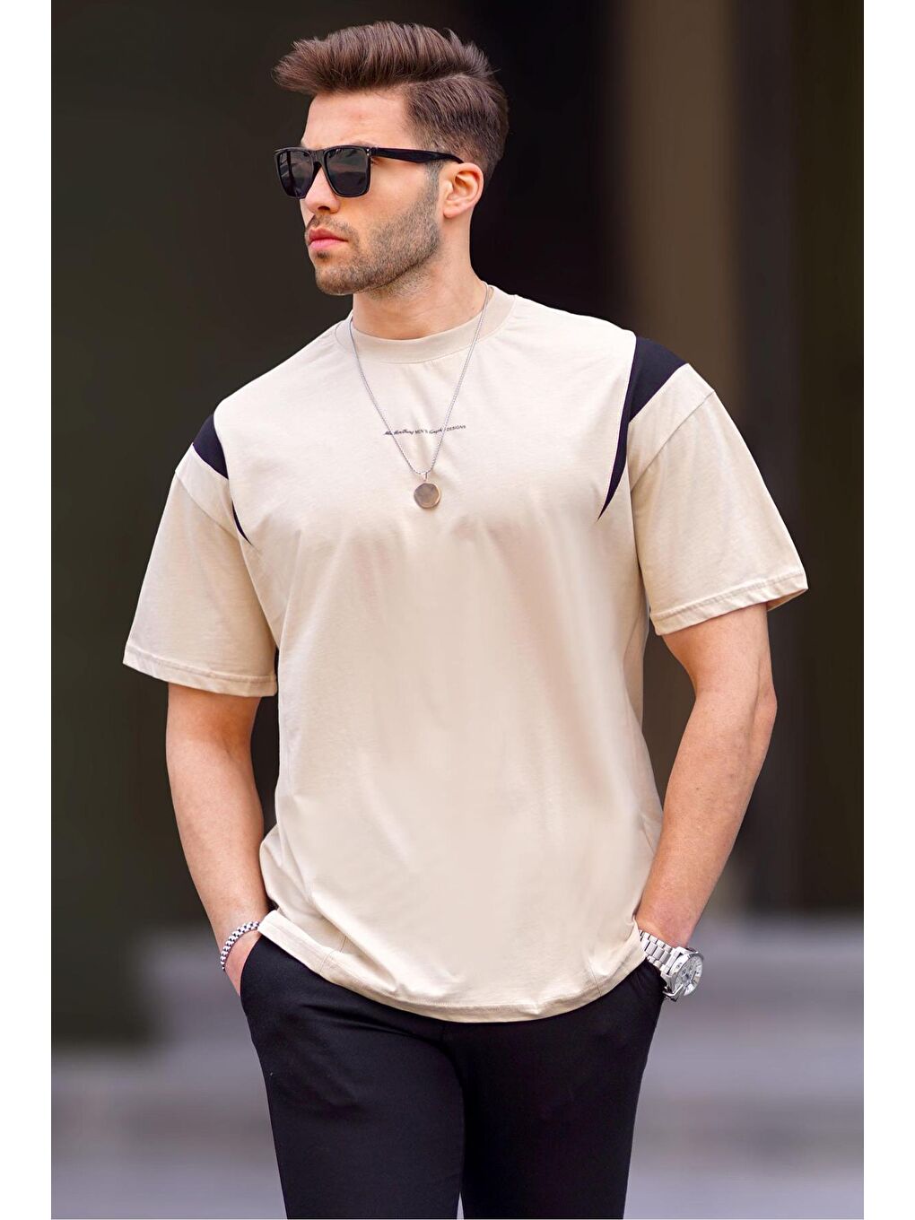 Bej Oversize Bisiklet Yaka Tişört 7003