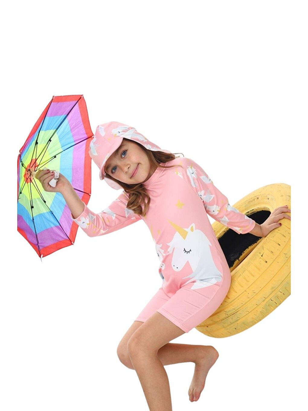 Pembe Şapkalı Fermuarlı Uzun Kollu Kız Çocuk Mayo-1