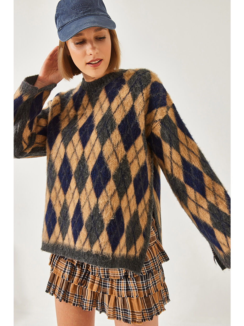 Antrasit Kadın Şardonlu Baklavalı Yırtmaçlı Triko Kazak-4