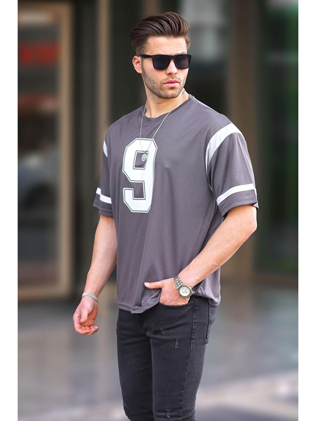 Gri Füme Oversize Bisiklet Yaka Baskılı Tişört 6200-1