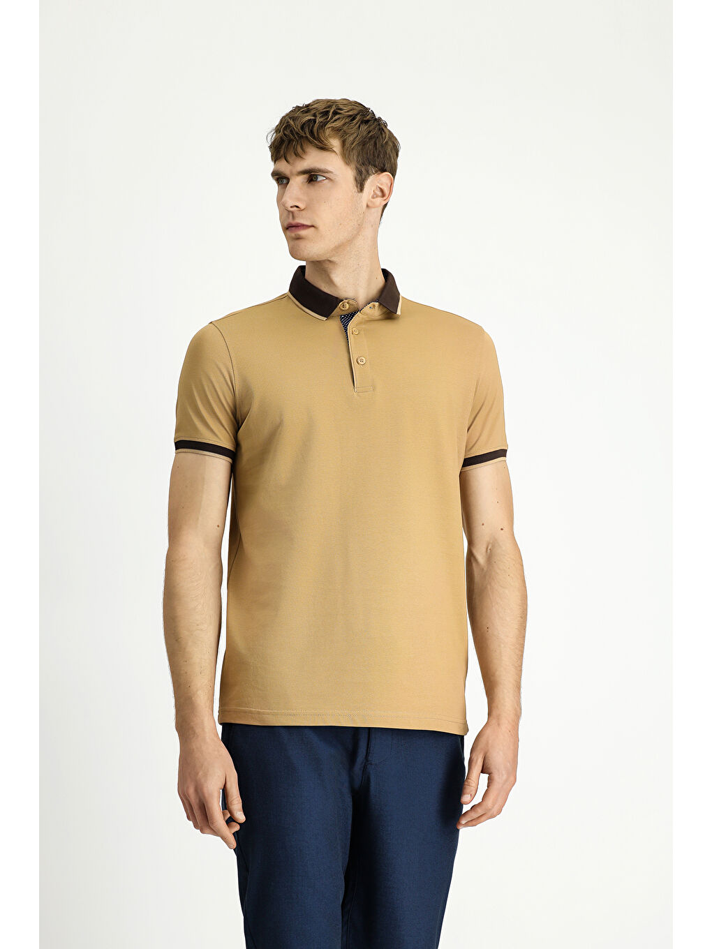 Bej Polo Yaka Regular Fit Desenli Pamuklu Tişört-4