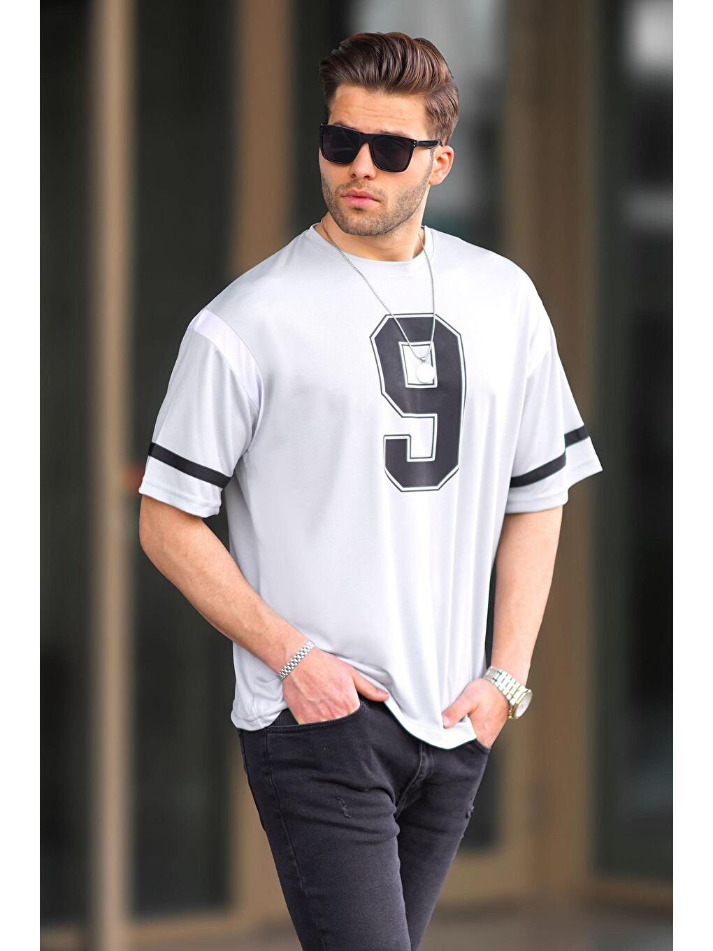 Gri Oversize Bisiklet Yaka Baskılı Tişört 6200-1