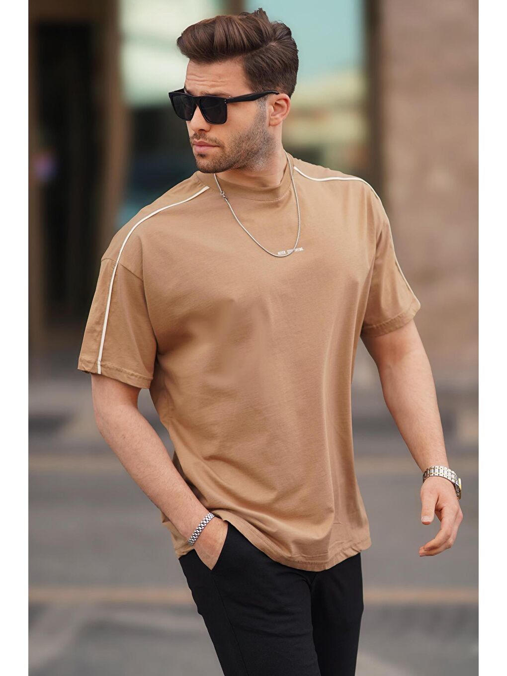 Kahverengi Camel Oversize Bisiklet Yaka %100 Pamuk Tişört 7009