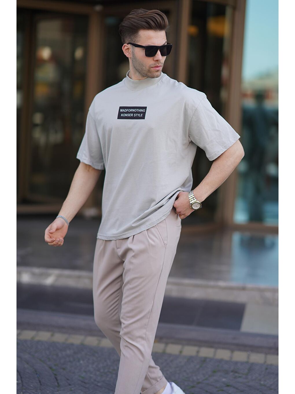 Boyalı Gri Yalancı Dik Yaka Oversize Erkek Tişört 7004-1