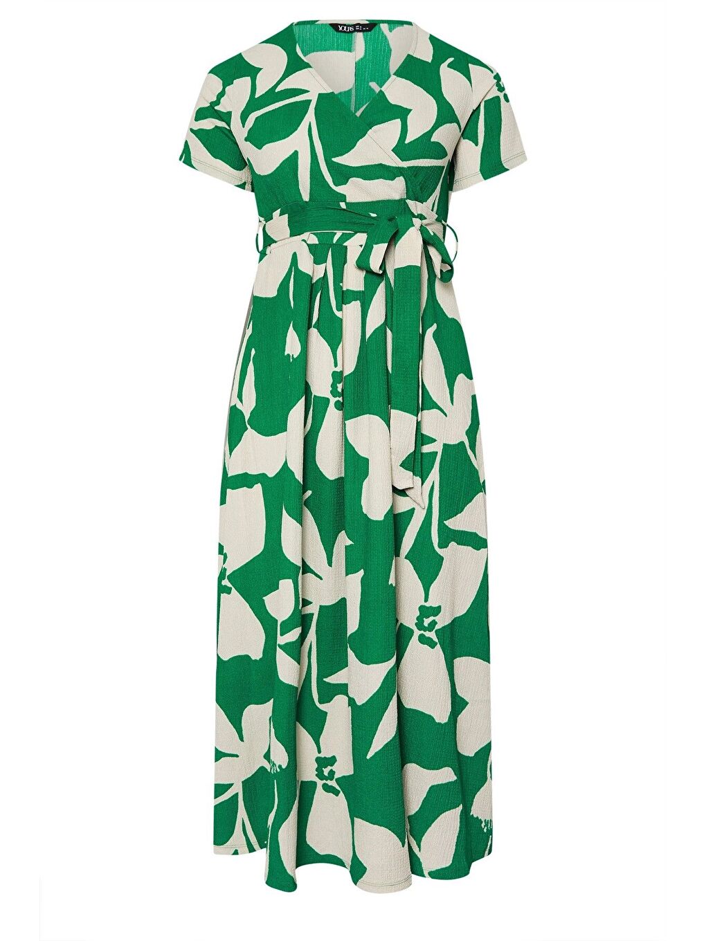 Yeşil Büyük Beden V Yaka Çiçek Desenli Bürümcük Kumaş Elbise 304074-5