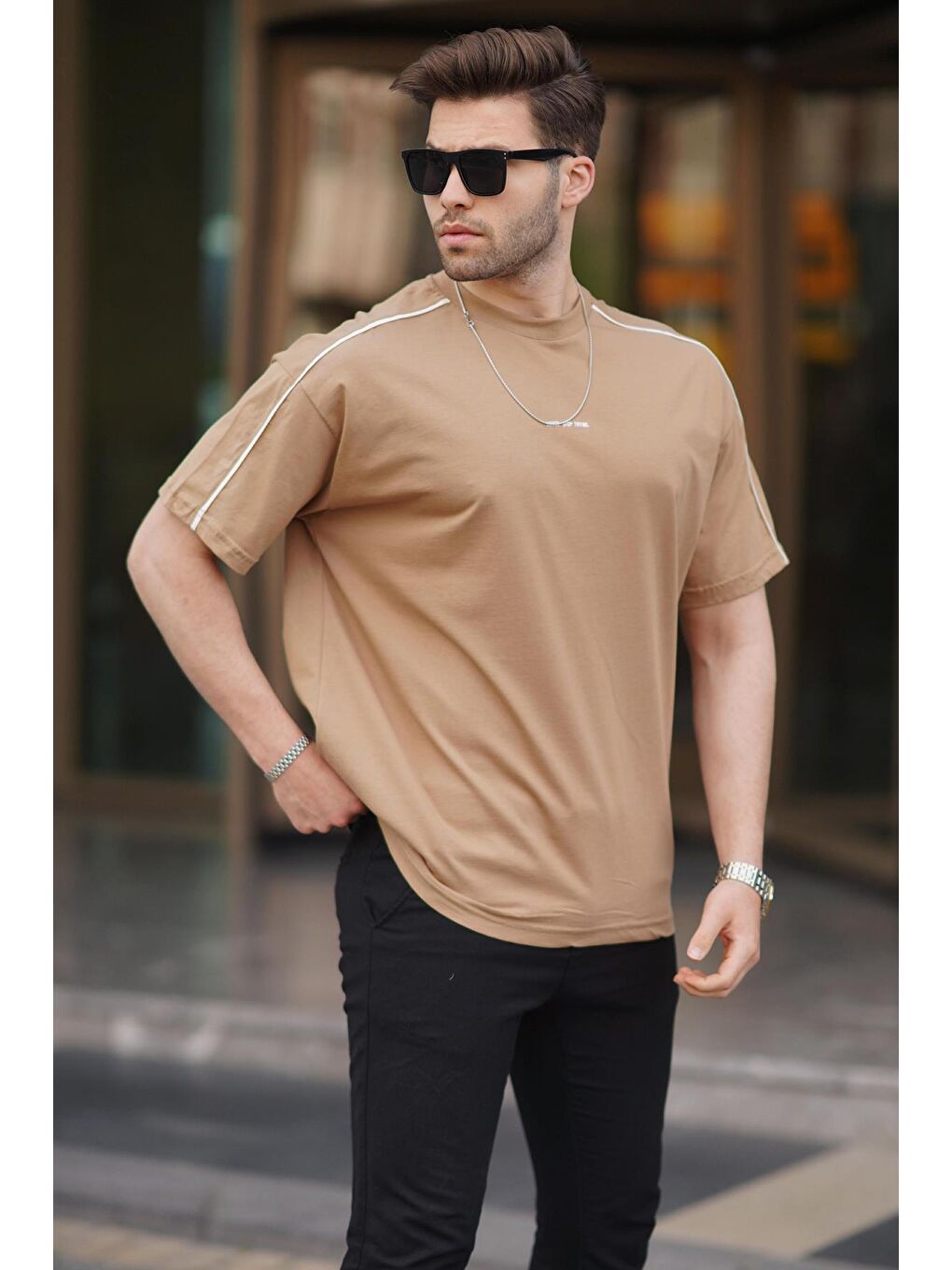 Kahverengi Camel Oversize Bisiklet Yaka %100 Pamuk Tişört 7009-1