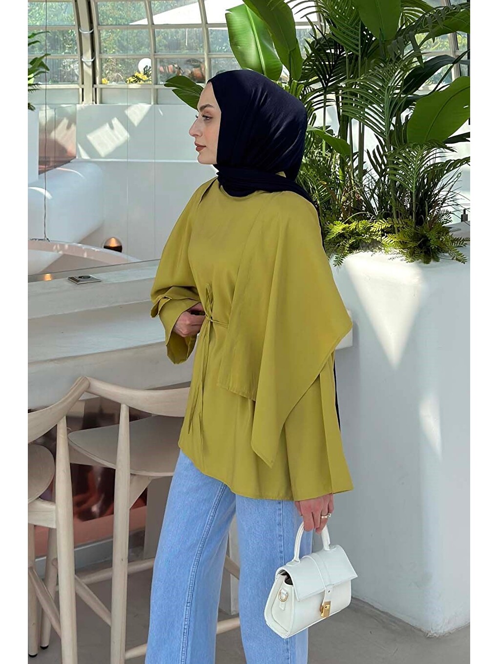 Pelerin Detaylı Oversize Tunik Yağ Yeşili-1