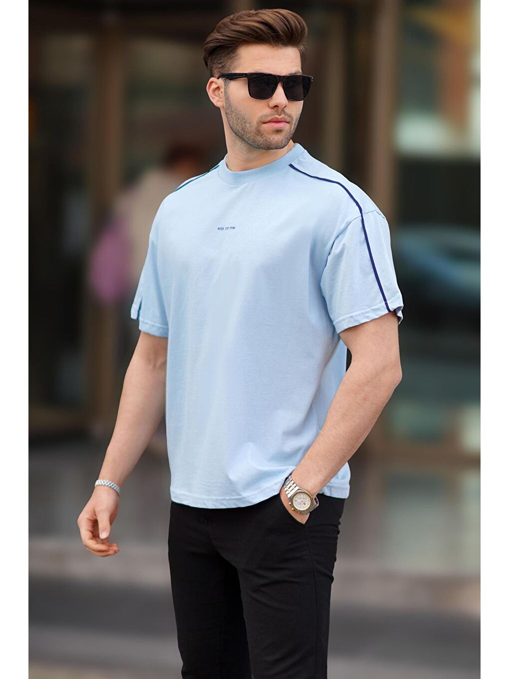 Mavi Oversize Bisiklet Yaka %100 Pamuk Tişört 7009-1