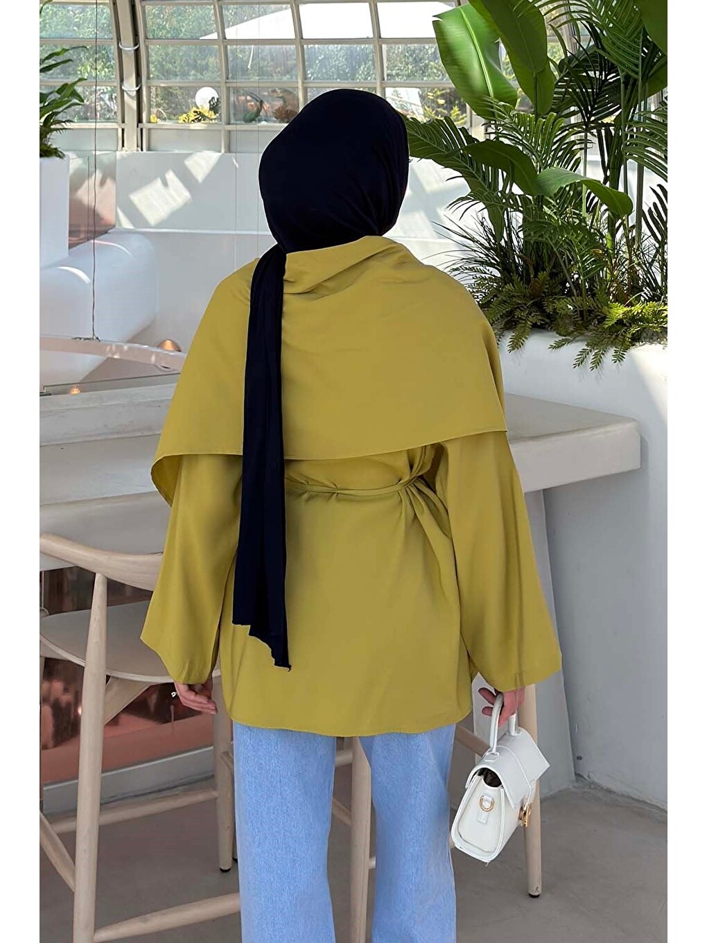 Pelerin Detaylı Oversize Tunik Yağ Yeşili-3