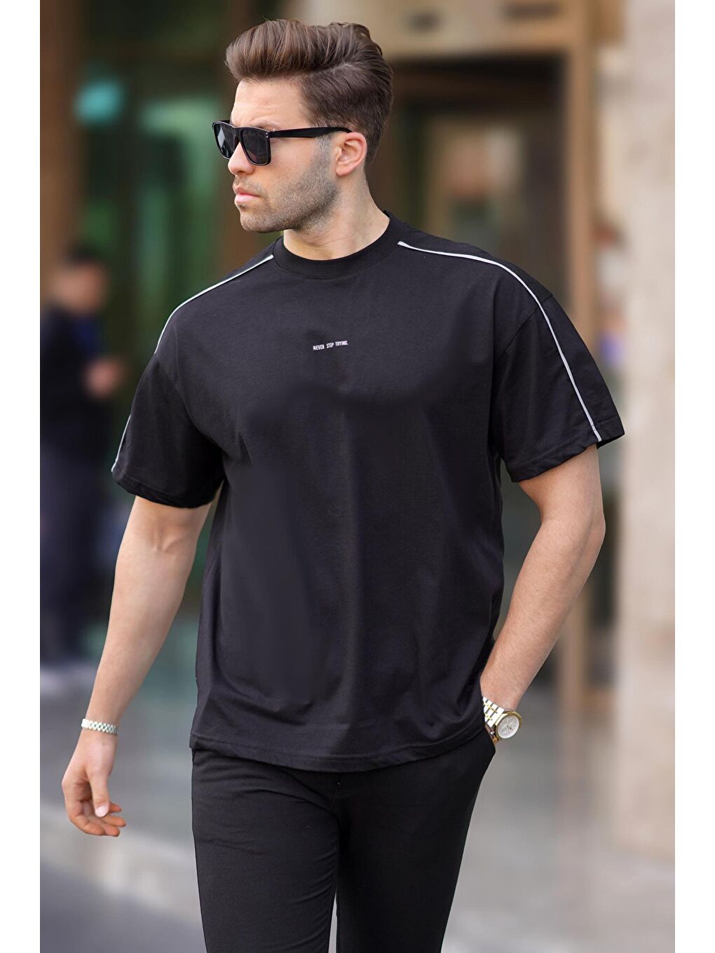 Siyah Oversize Bisiklet Yaka %100 Pamuk Tişört 7009